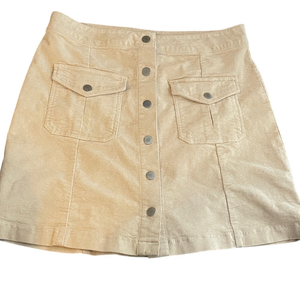 Cato Tan Beige‎ Corduroy Button Front Mini Skirt Size 10 Utility Cargo A-Line